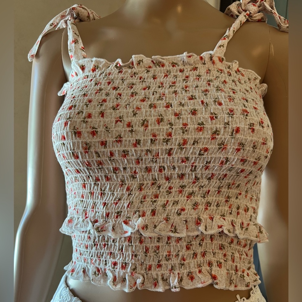 Lazy Sundays White Ruched Crop Tank with Red Flowers
